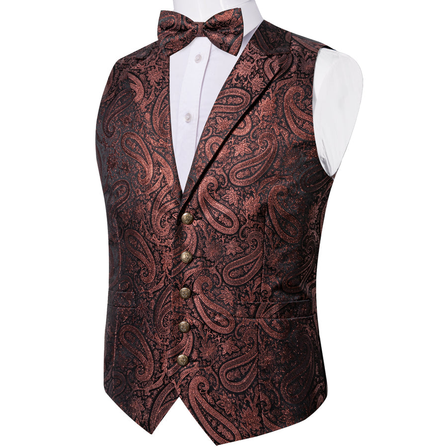 Brown Red Paisley Jacquard Silk Men's Collar Bowtie Vest Set vest set    - Sophisticated Gentlemen