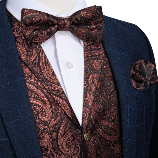 Brown Red Paisley Jacquard Silk Men's Collar Bowtie Vest Set vest set S (Chest 40")   - Sophisticated Gentlemen