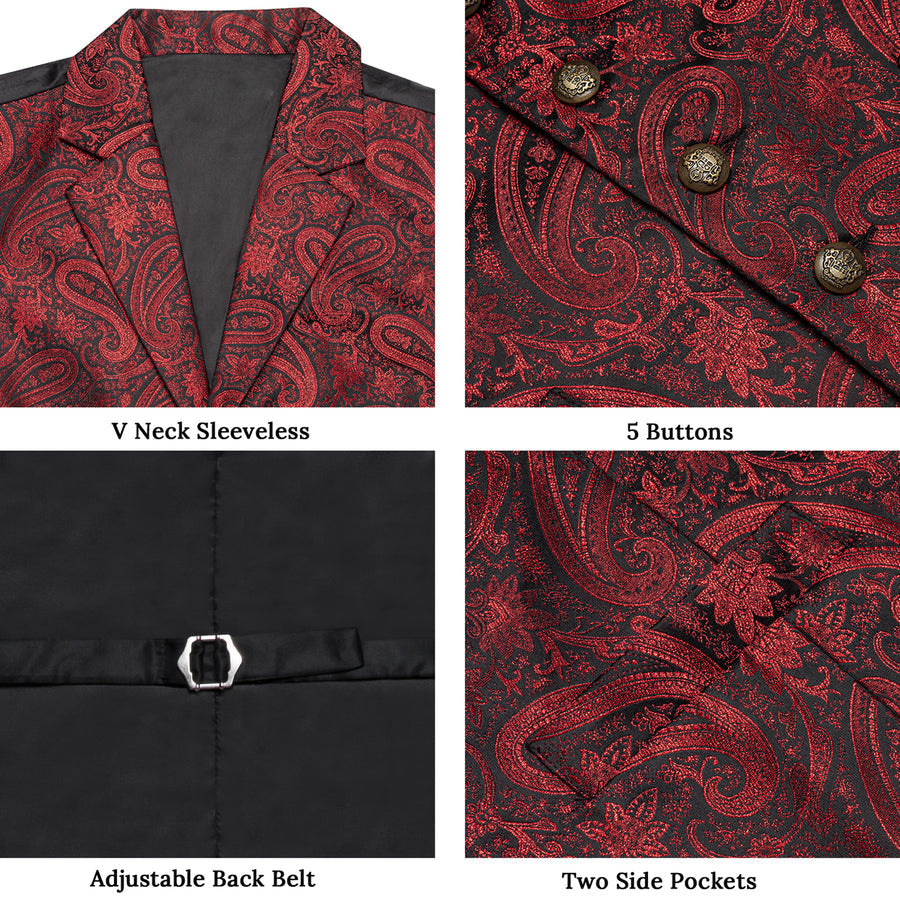 Black Red Paisley Jacquard Silk Men's Collar Bowtie Vest Set vest set    - Sophisticated Gentlemen