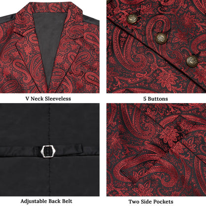 Black Red Paisley Jacquard Silk Men's Collar Bowtie Vest Set vest set    - Sophisticated Gentlemen