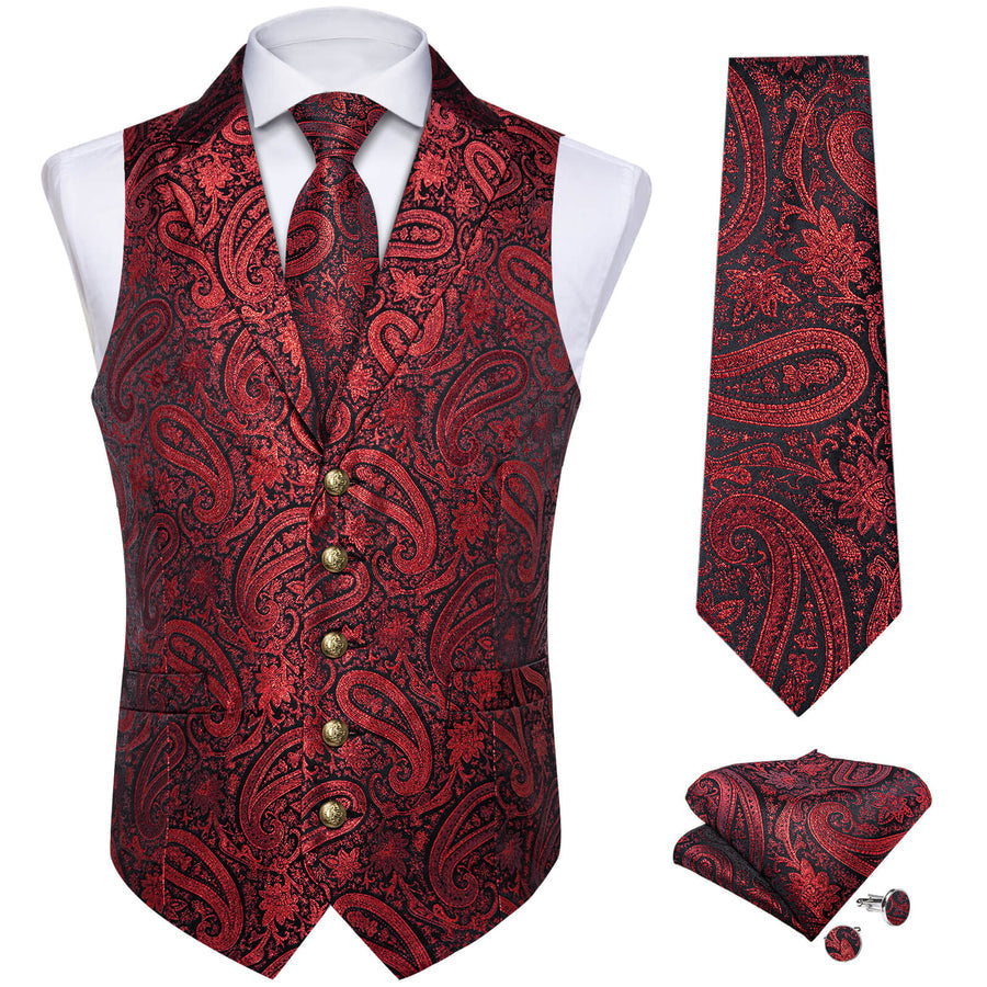 Deep Red Jacquard Paisley Silk Suit Vest Set vest set    - Sophisticated Gentlemen