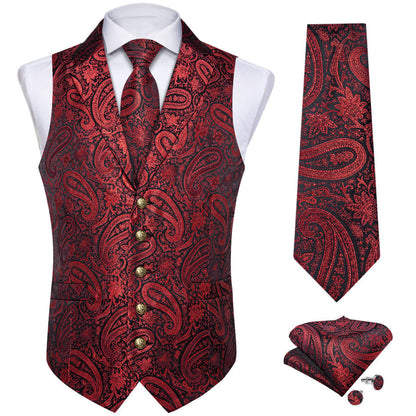 Deep Red Jacquard Paisley Silk Suit Vest Set vest set    - Sophisticated Gentlemen