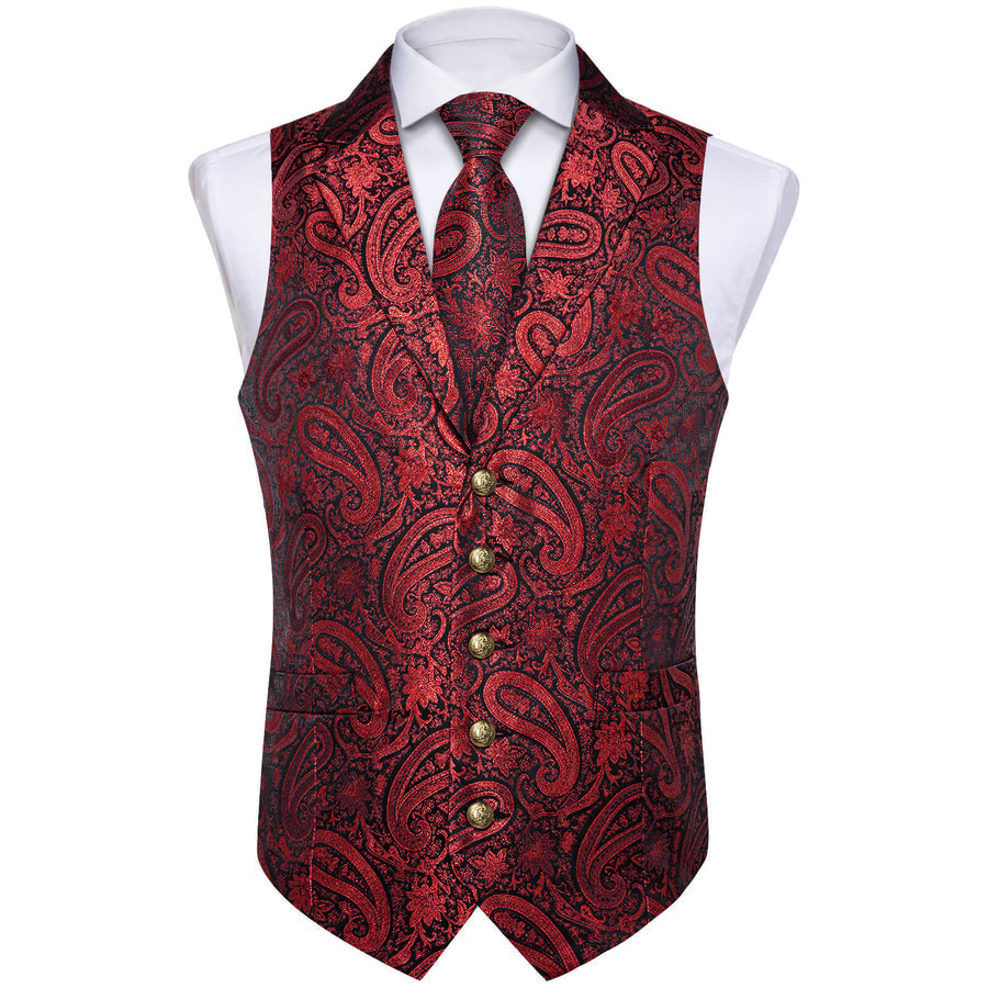 Deep Red Jacquard Paisley Silk Suit Vest Set vest set    - Sophisticated Gentlemen