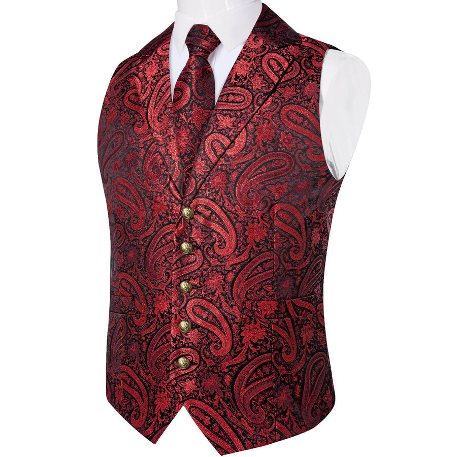 Deep Red Jacquard Paisley Silk Suit Vest Set vest set    - Sophisticated Gentlemen