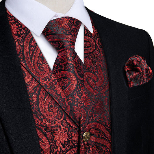 Deep Red Jacquard Paisley Silk Suit Vest Set vest set S (Chest 40")   - Sophisticated Gentlemen