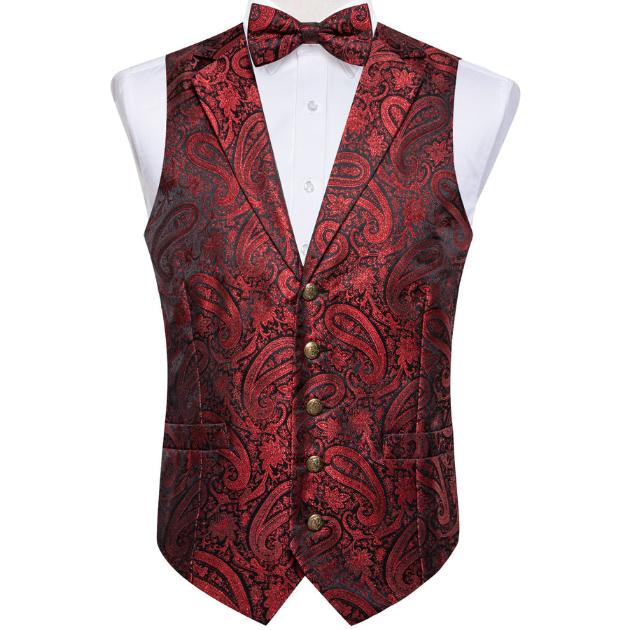 Black Red Paisley Jacquard Silk Men's Collar Bowtie Vest Set vest set    - Sophisticated Gentlemen