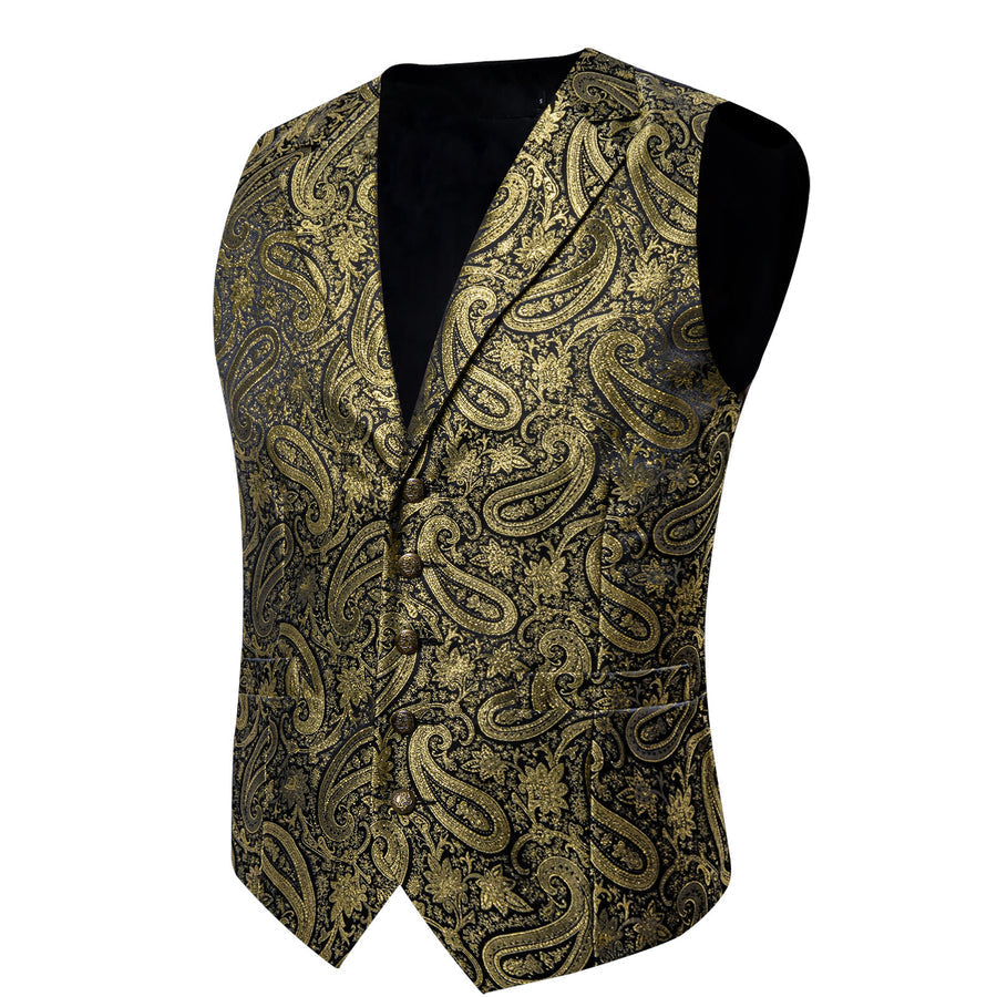 Luxury Golden Paisley Jacquard Silk Men's Bowtie Vest Set vest set    - Sophisticated Gentlemen