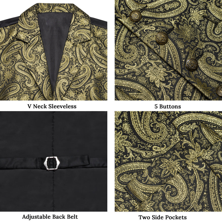 Luxury Golden Paisley Jacquard Silk Men's Bowtie Vest Set vest set    - Sophisticated Gentlemen