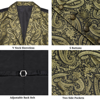Luxury Golden Paisley Jacquard Silk Men's Bowtie Vest Set vest set    - Sophisticated Gentlemen