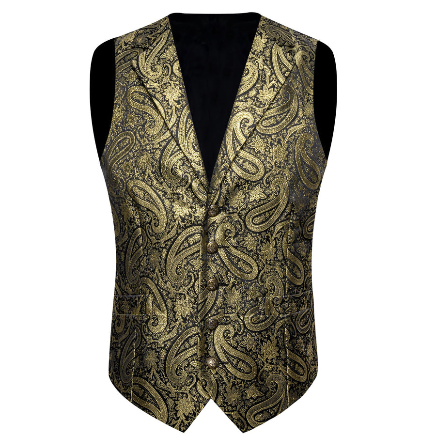 Luxury Golden Paisley Jacquard Silk Men's Bowtie Vest Set vest set    - Sophisticated Gentlemen