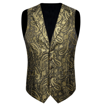 Luxury Golden Paisley Jacquard Silk Men's Bowtie Vest Set vest set    - Sophisticated Gentlemen