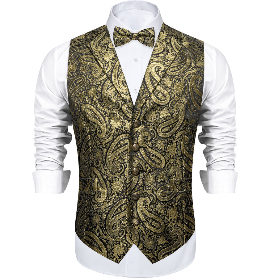 Luxury Golden Paisley Jacquard Silk Men's Bowtie Vest Set vest set    - Sophisticated Gentlemen