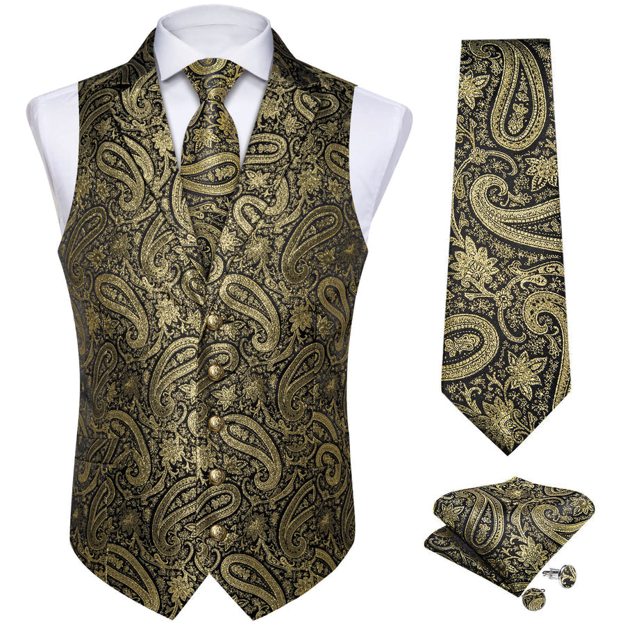 Gold Jacquard Paisley Silk Vest Set vest set    - Sophisticated Gentlemen