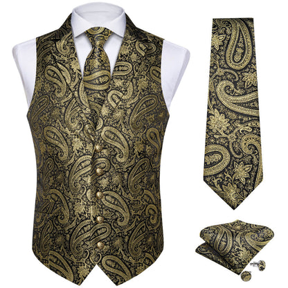 Gold Jacquard Paisley Silk Vest Set vest set    - Sophisticated Gentlemen