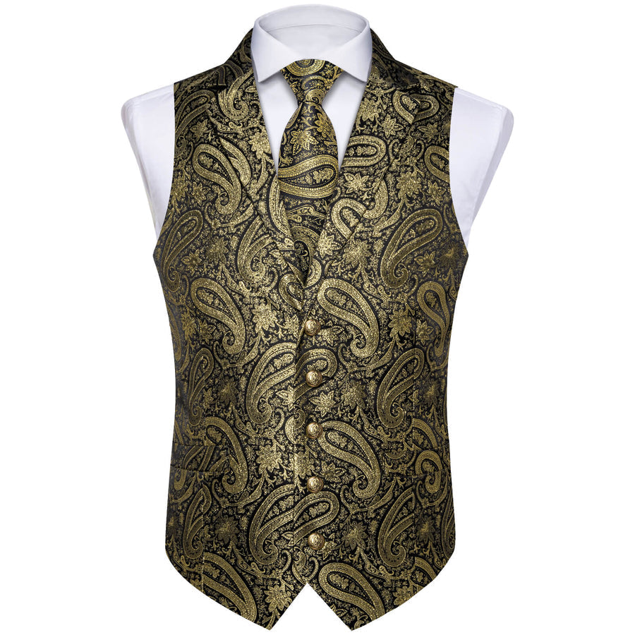 Gold Jacquard Paisley Silk Vest Set vest set    - Sophisticated Gentlemen