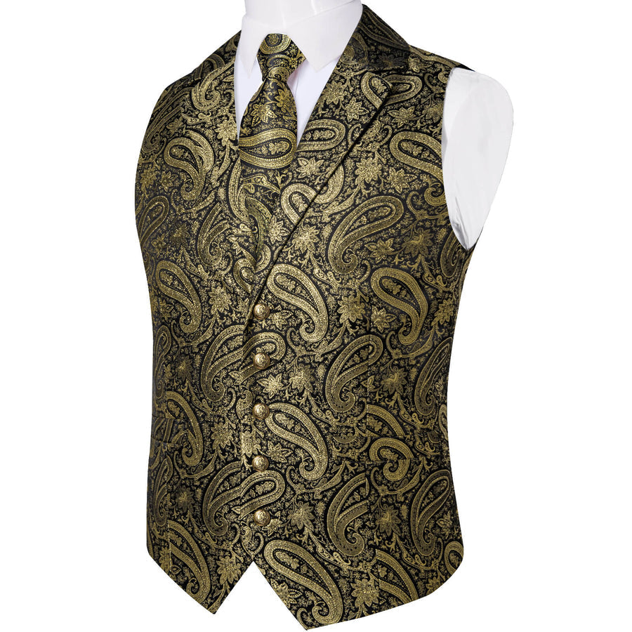 Gold Jacquard Paisley Silk Vest Set vest set    - Sophisticated Gentlemen
