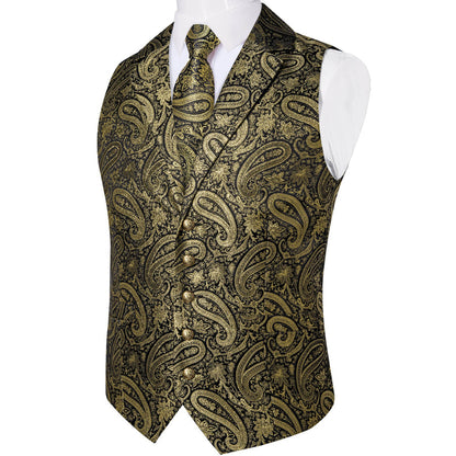 Gold Jacquard Paisley Silk Vest Set vest set    - Sophisticated Gentlemen