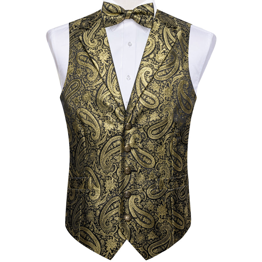 Luxury Golden Paisley Jacquard Silk Men's Bowtie Vest Set vest set    - Sophisticated Gentlemen