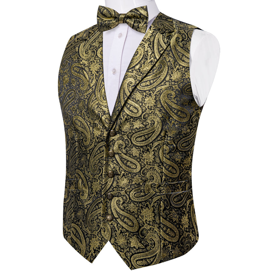 Luxury Golden Paisley Jacquard Silk Men's Bowtie Vest Set vest set    - Sophisticated Gentlemen