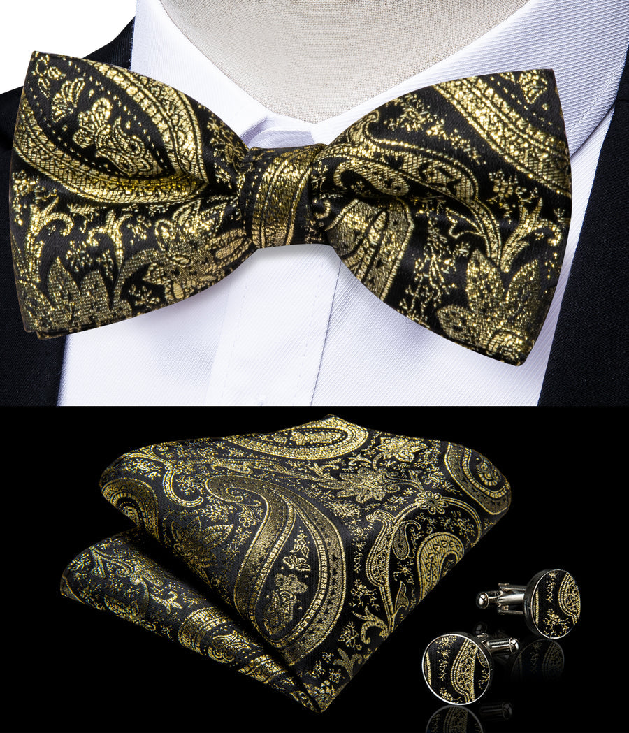 Luxury Golden Paisley Jacquard Silk Men's Bowtie Vest Set vest set    - Sophisticated Gentlemen
