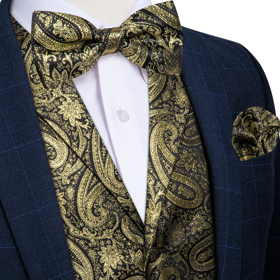 Luxury Golden Paisley Jacquard Silk Men's Bowtie Vest Set vest set S (Chest 40")   - Sophisticated Gentlemen
