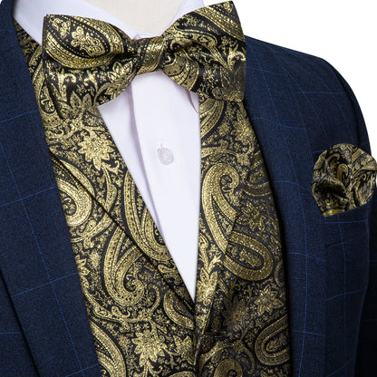 Luxury Golden Paisley Jacquard Silk Men's Bowtie Vest Set vest set S (Chest 40")   - Sophisticated Gentlemen