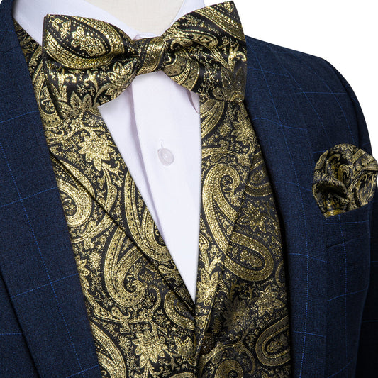 Luxury Golden Paisley Jacquard Silk Men's Bowtie Vest Set vest set S (Chest 40")   - Sophisticated Gentlemen