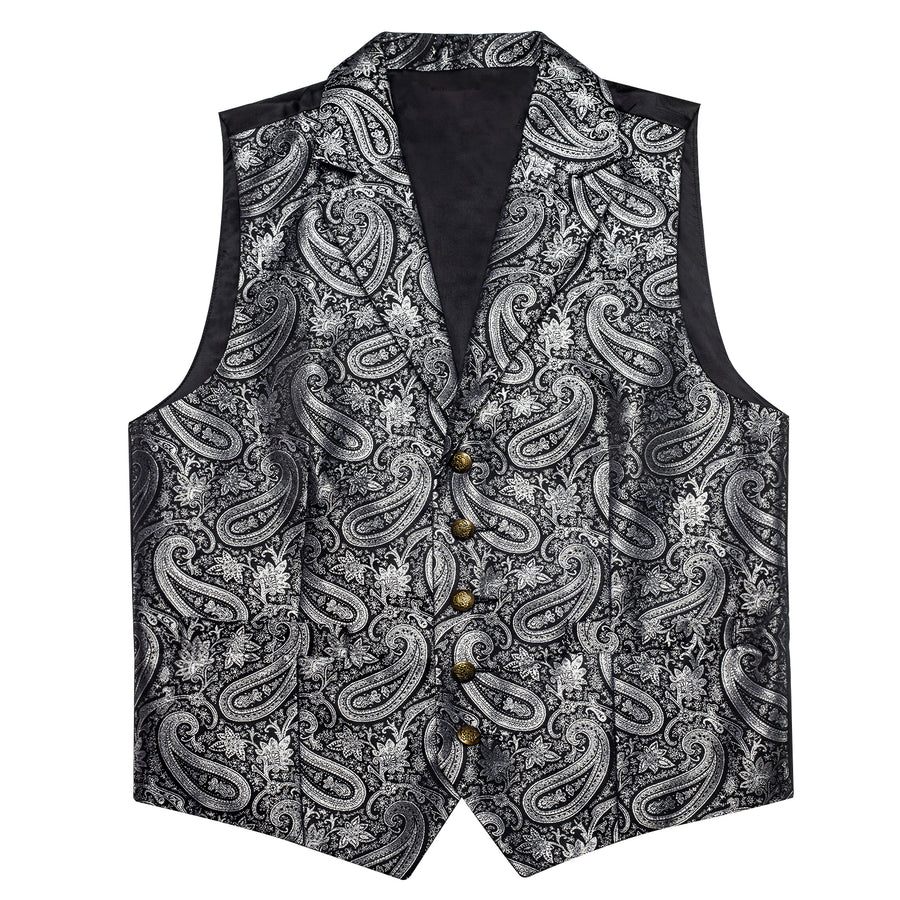 Black Gray Paisley Jacquard Silk Men's Collar Bowtie Vest Set vest set    - Sophisticated Gentlemen