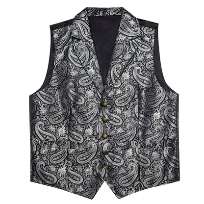 Black Gray Paisley Jacquard Silk Men's Collar Bowtie Vest Set vest set    - Sophisticated Gentlemen