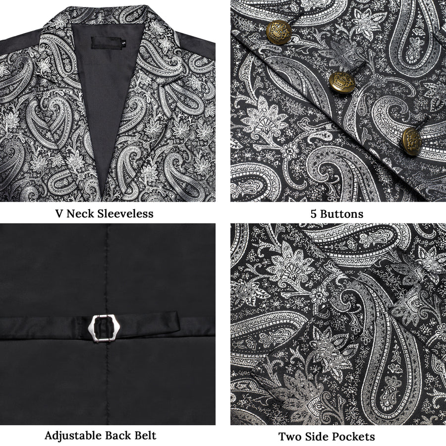 Black Gray Paisley Jacquard Silk Men's Collar Bowtie Vest Set vest set    - Sophisticated Gentlemen