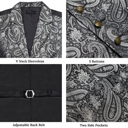 Black Gray Paisley Jacquard Silk Men's Collar Bowtie Vest Set vest set    - Sophisticated Gentlemen