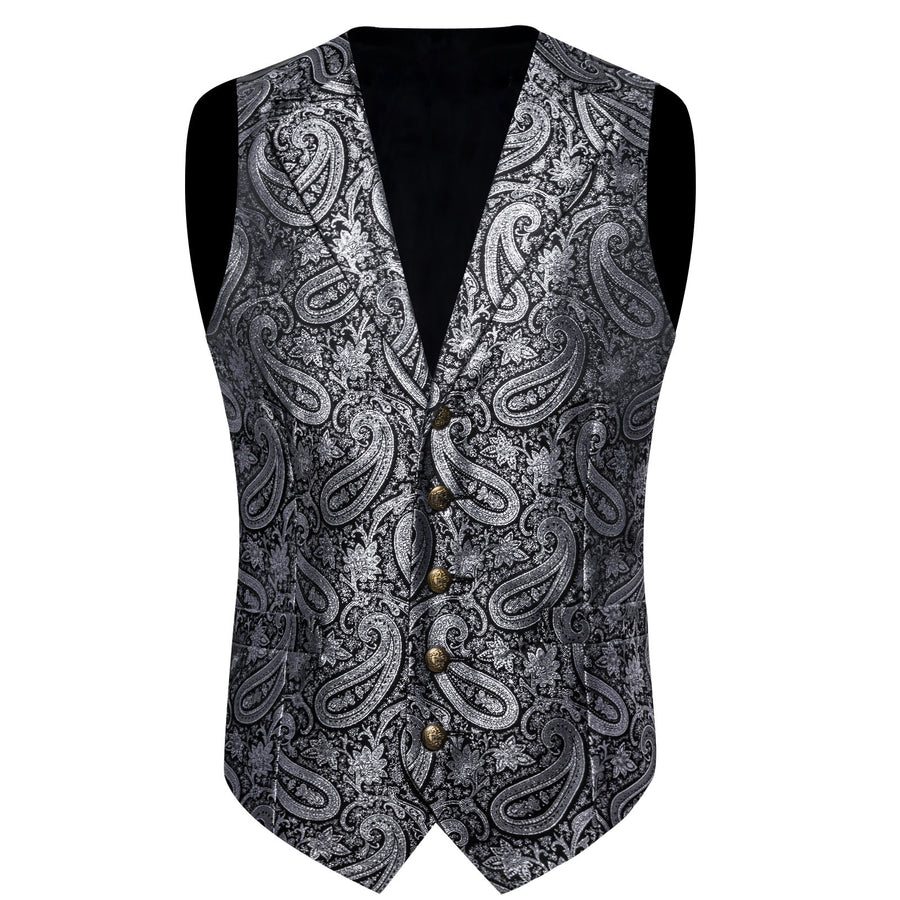 Black Gray Paisley Jacquard Silk Men's Collar Bowtie Vest Set vest set    - Sophisticated Gentlemen