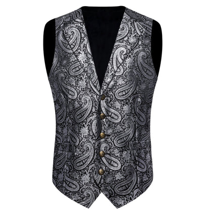 Black Gray Paisley Jacquard Silk Men's Collar Bowtie Vest Set vest set    - Sophisticated Gentlemen