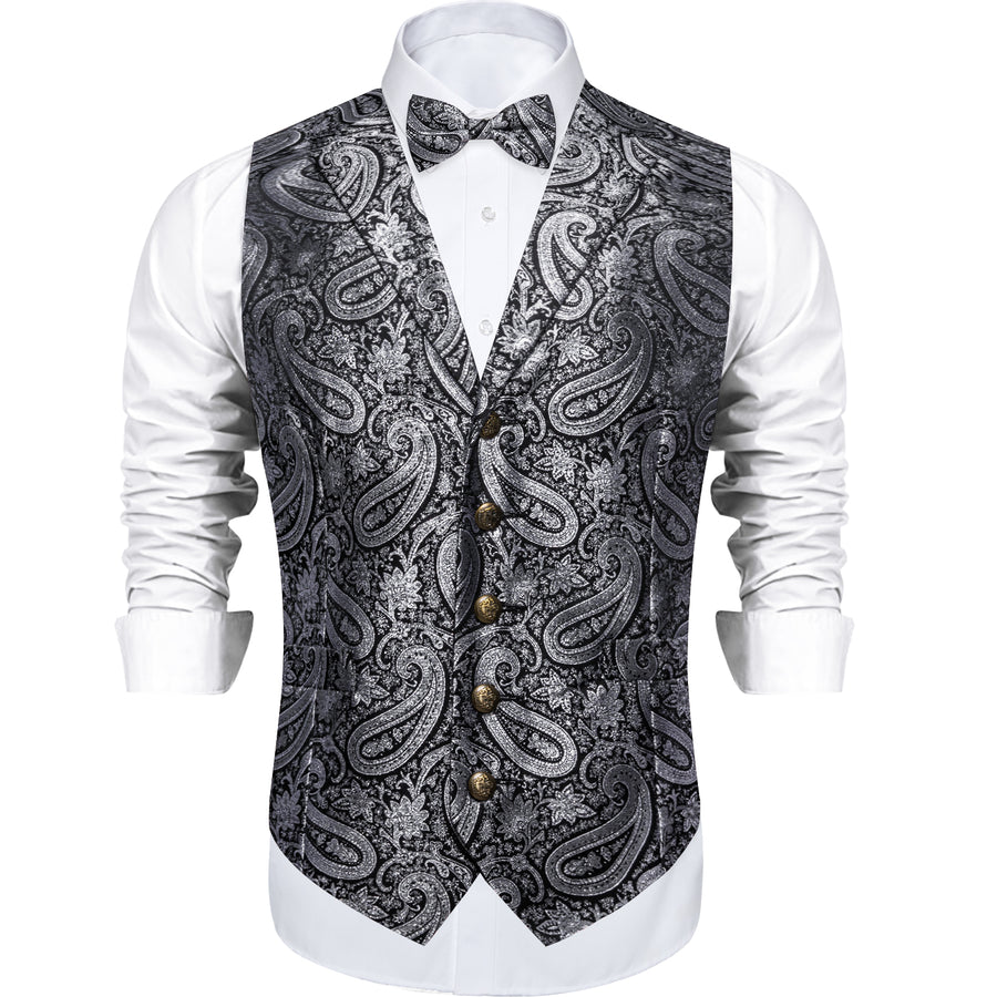 Black Gray Paisley Jacquard Silk Men's Collar Bowtie Vest Set vest set    - Sophisticated Gentlemen