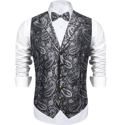 Black Gray Paisley Jacquard Silk Men's Collar Bowtie Vest Set vest set    - Sophisticated Gentlemen