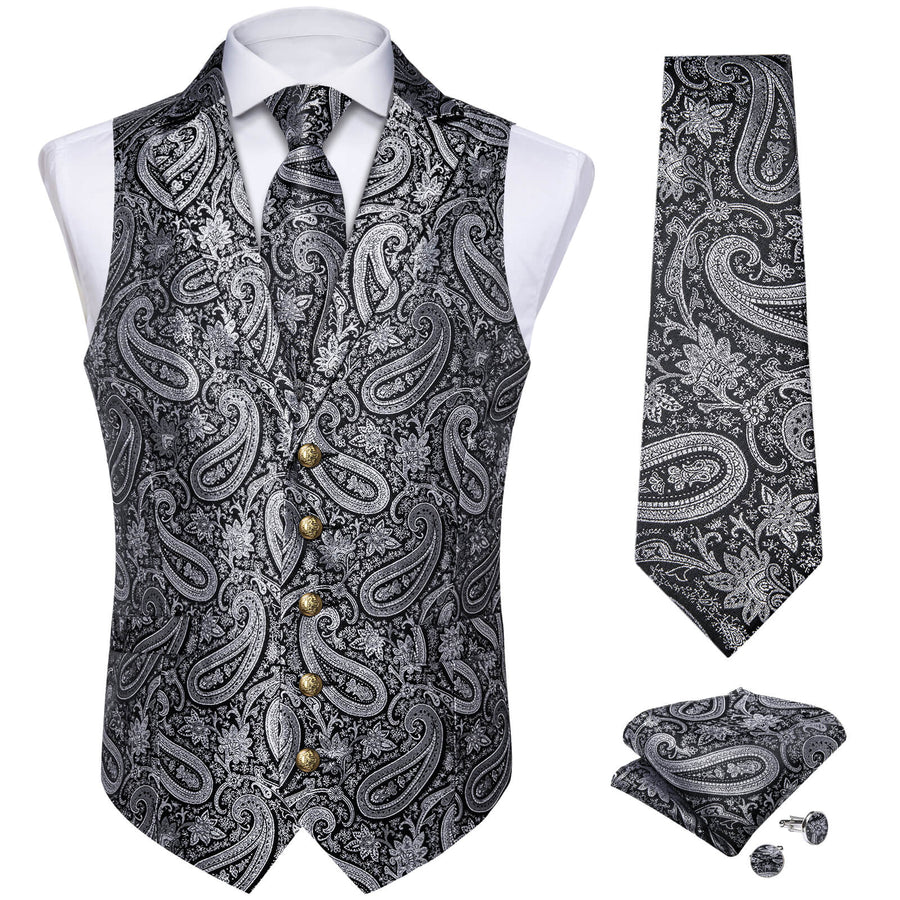 Silver Grey Woven Paisley Silk Suit Vest Set vest set    - Sophisticated Gentlemen
