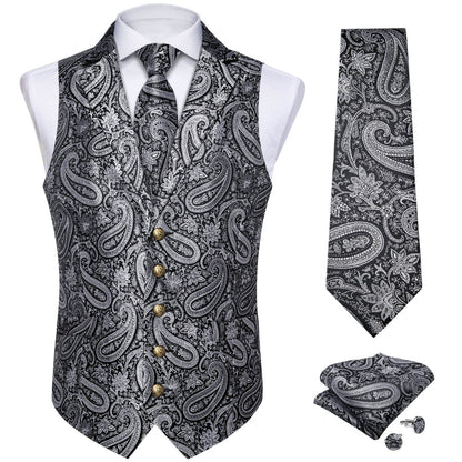 Silver Grey Woven Paisley Silk Suit Vest Set vest set    - Sophisticated Gentlemen