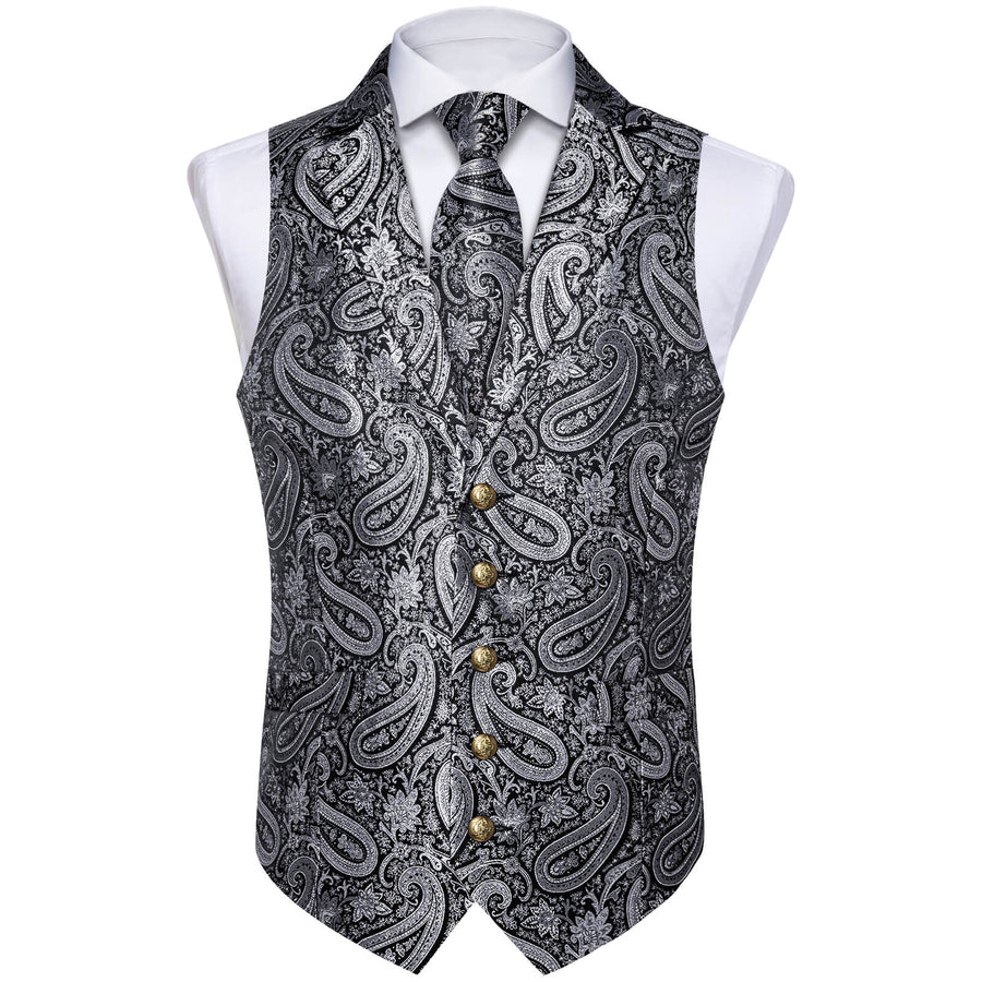 Silver Grey Woven Paisley Silk Suit Vest Set vest set    - Sophisticated Gentlemen