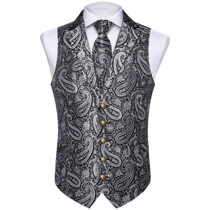 Silver Grey Woven Paisley Silk Suit Vest Set vest set    - Sophisticated Gentlemen