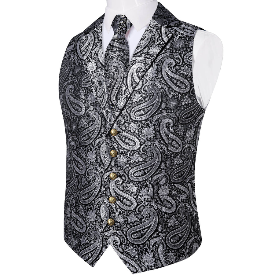Silver Grey Woven Paisley Silk Suit Vest Set vest set    - Sophisticated Gentlemen