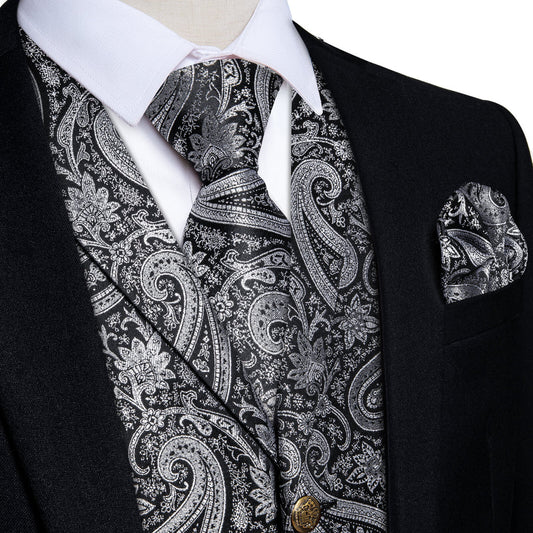 Silver Grey Woven Paisley Silk Suit Vest Set vest set S (Chest 40")   - Sophisticated Gentlemen