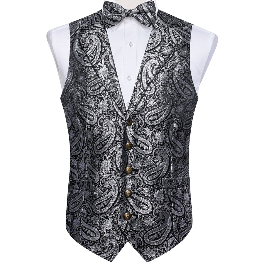Black Gray Paisley Jacquard Silk Men's Collar Bowtie Vest Set vest set    - Sophisticated Gentlemen