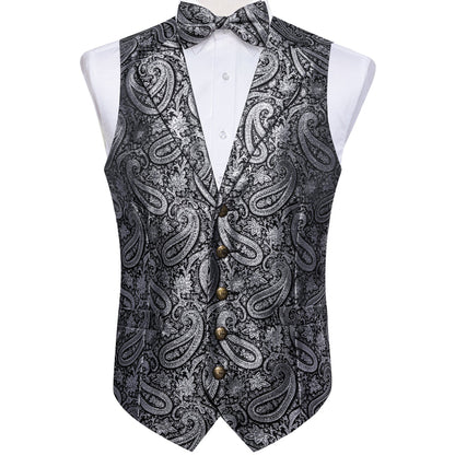Black Gray Paisley Jacquard Silk Men's Collar Bowtie Vest Set vest set    - Sophisticated Gentlemen