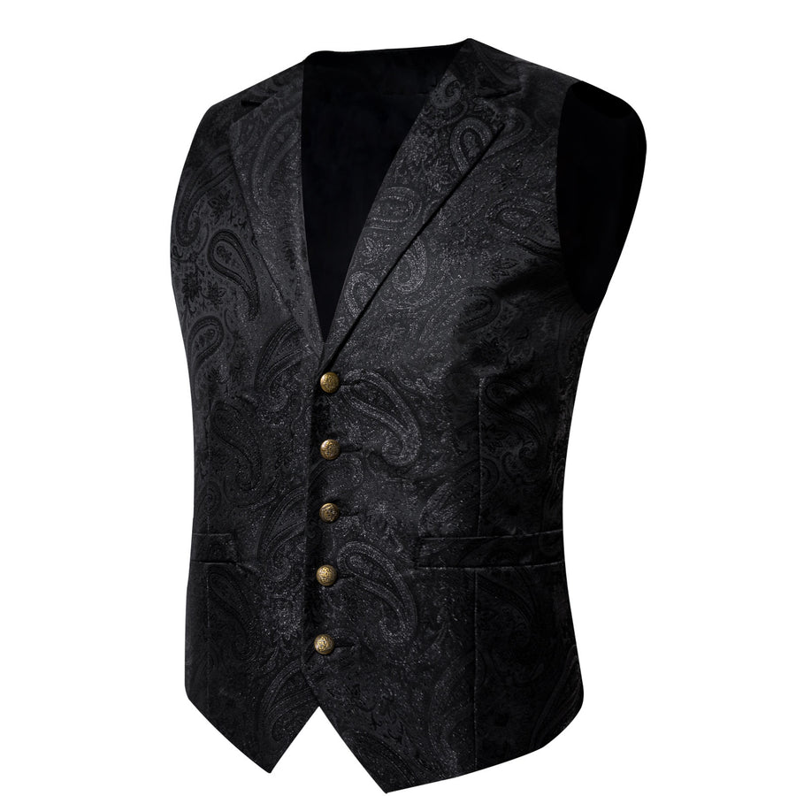 Shining Black Paisley Jacquard Silk Men's Collar Bowtie Vest Set vest set    - Sophisticated Gentlemen