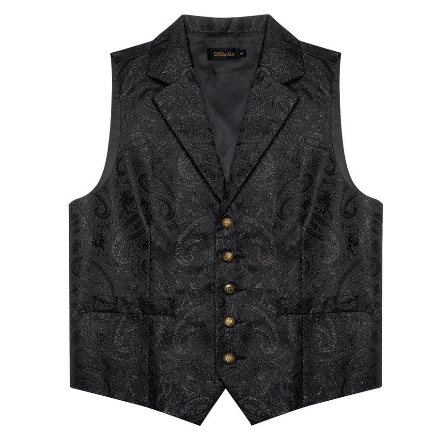 Shining Black Paisley Jacquard Silk Men's Collar Bowtie Vest Set vest set    - Sophisticated Gentlemen
