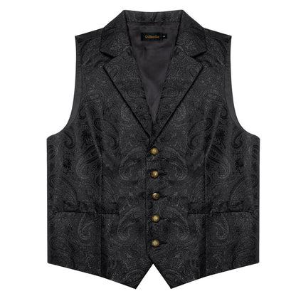 Shining Black Paisley Jacquard Silk Men's Collar Bowtie Vest Set vest set    - Sophisticated Gentlemen