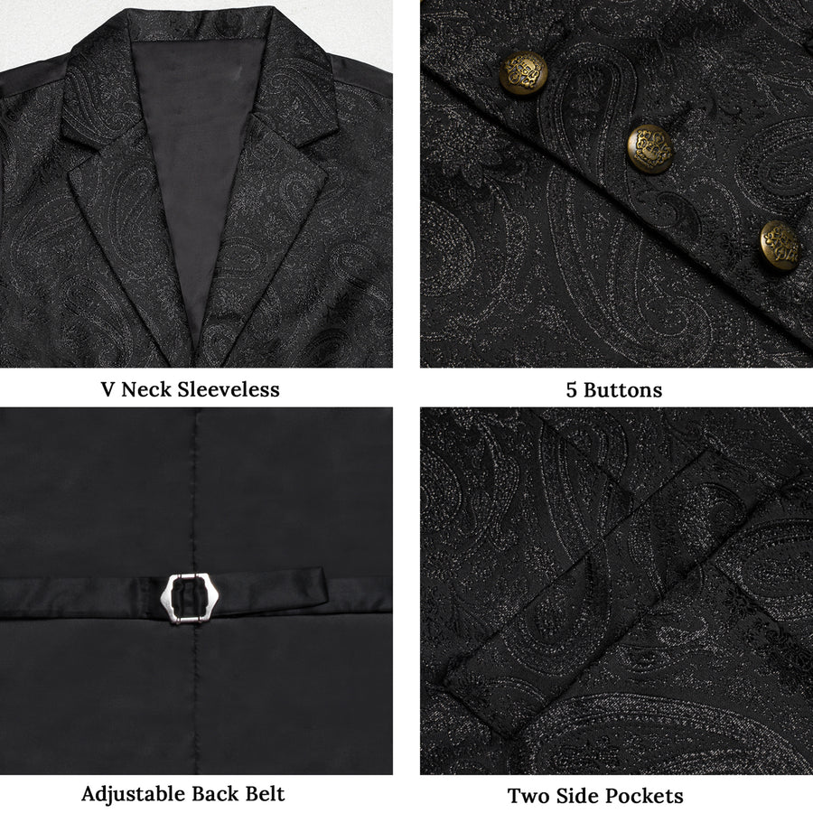 Shining Black Paisley Jacquard Silk Men's Collar Bowtie Vest Set vest set    - Sophisticated Gentlemen