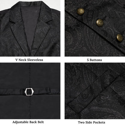 Shining Black Paisley Jacquard Silk Men's Collar Bowtie Vest Set vest set    - Sophisticated Gentlemen