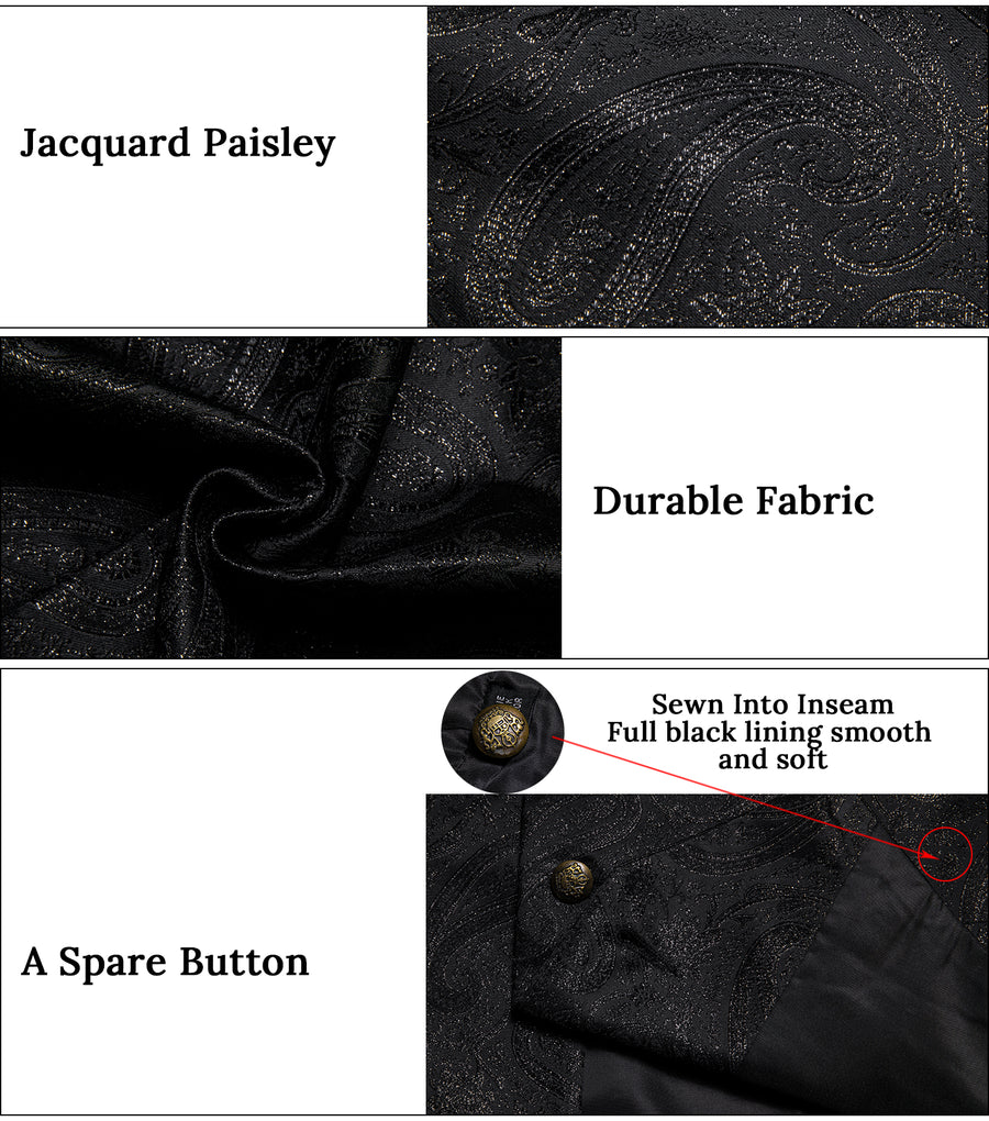 Shining Black Paisley Jacquard Silk Men's Collar Bowtie Vest Set vest set    - Sophisticated Gentlemen