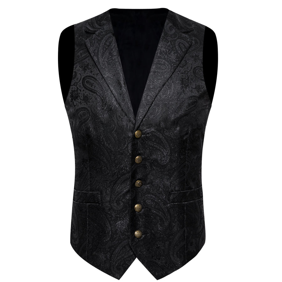 Shining Black Paisley Jacquard Silk Men's Collar Bowtie Vest Set vest set    - Sophisticated Gentlemen